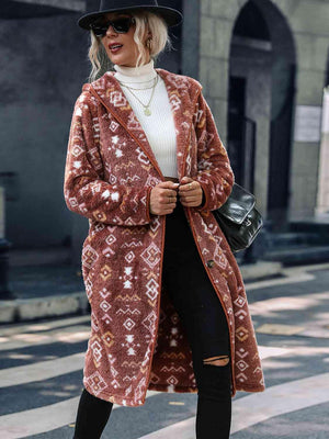Winter Pizzazz Geometric Long Fleece Coat With Hood-MXSTUDIO.COM