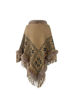 Winter Special Fringe Faux Fur Trim Poncho-MXSTUDIO.COM