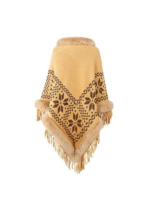 Winter Special Fringe Faux Fur Trim Poncho-MXSTUDIO.COM