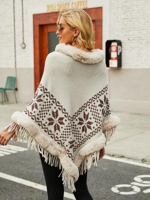 Winter Special Fringe Faux Fur Trim Poncho-MXSTUDIO.COM