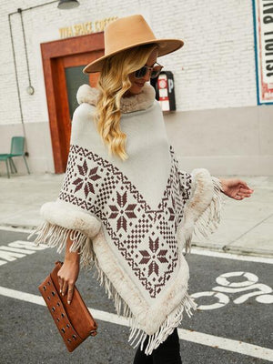 Winter Special Fringe Faux Fur Trim Poncho-MXSTUDIO.COM