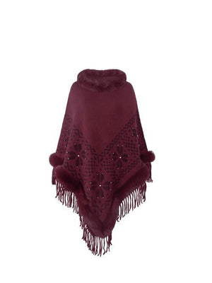 Winter Special Fringe Faux Fur Trim Poncho-MXSTUDIO.COM