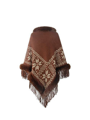 Winter Special Fringe Faux Fur Trim Poncho-MXSTUDIO.COM