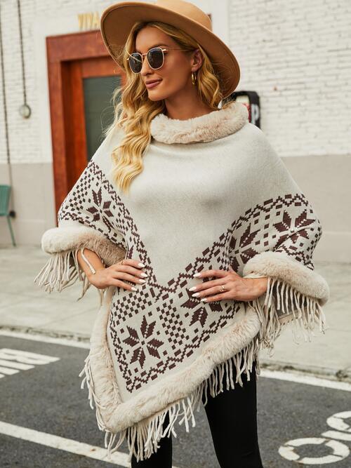 Winter Special Fringe Faux Fur Trim Poncho-MXSTUDIO.COM