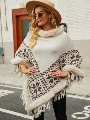 Winter Special Fringe Faux Fur Trim Poncho-MXSTUDIO.COM