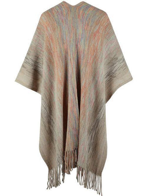 Winter Special Heathered Pom-Pom Fringe Poncho-MXSTUDIO.COM