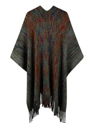 Winter Special Heathered Pom-Pom Fringe Poncho-MXSTUDIO.COM