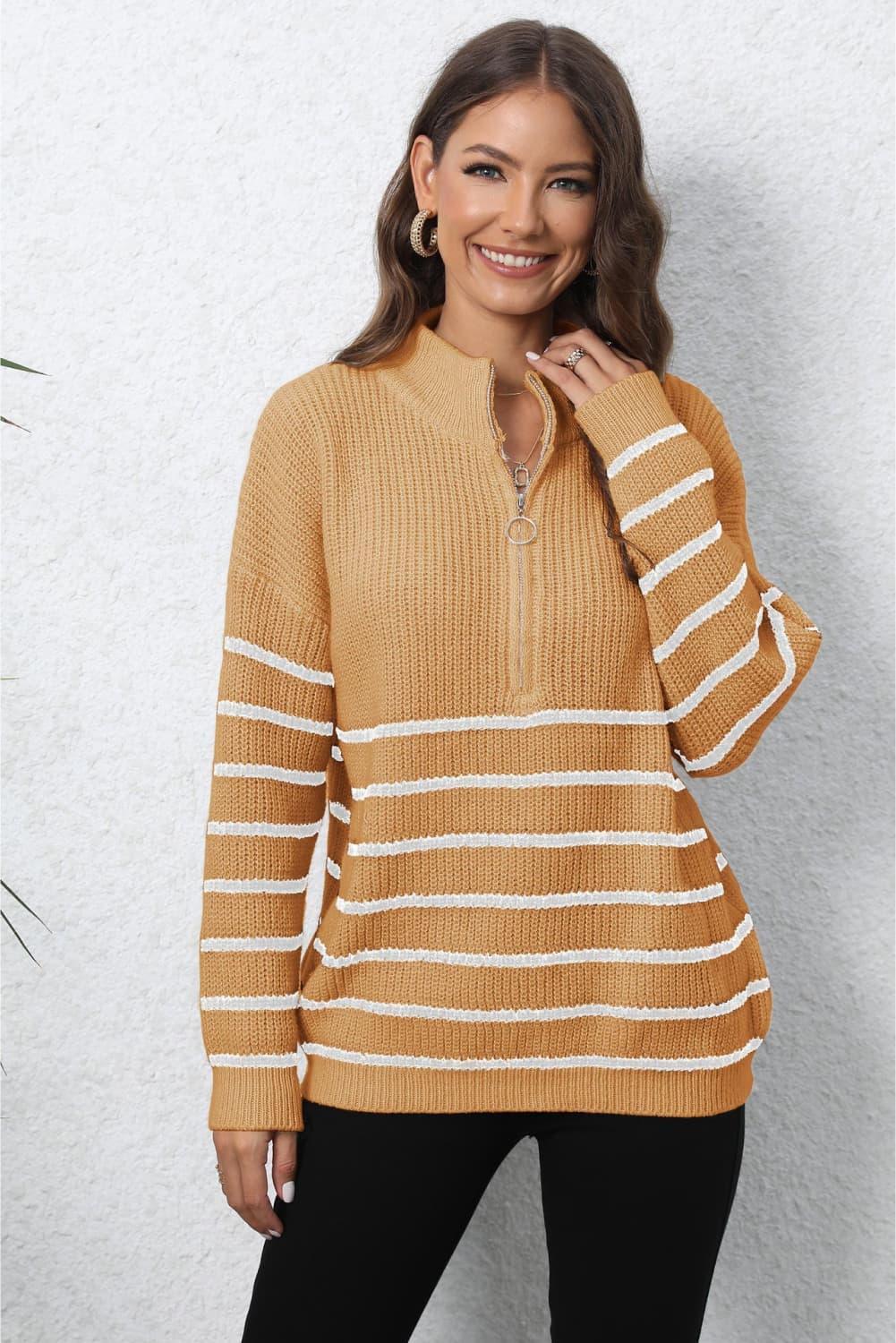Winter Warmth Half Zip Mock Neck Striped Sweater - MXSTUDIO.COM