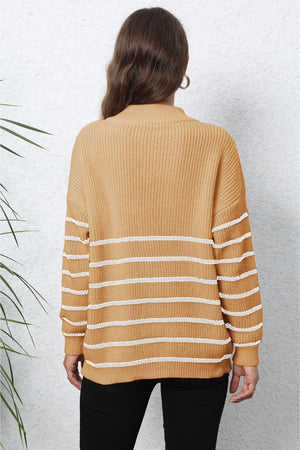 Winter Warmth Half Zip Mock Neck Striped Sweater - MXSTUDIO.COM