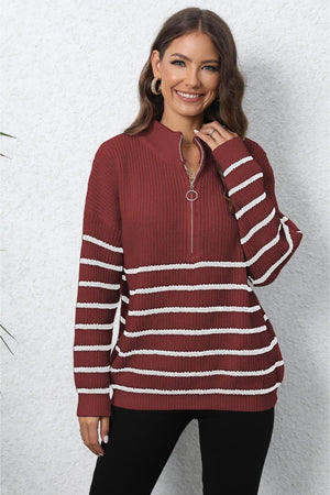 Winter Warmth Half Zip Mock Neck Striped Sweater - MXSTUDIO.COM