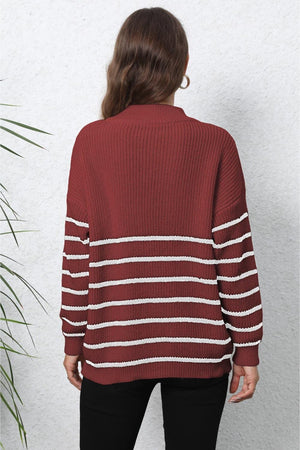 Winter Warmth Half Zip Mock Neck Striped Sweater - MXSTUDIO.COM
