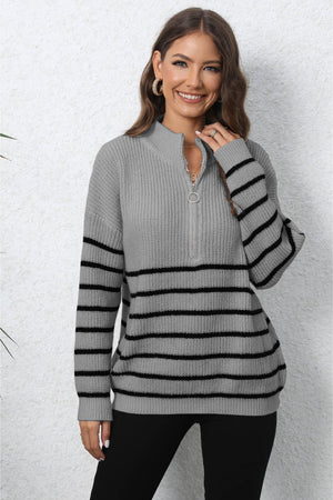 Winter Warmth Half Zip Mock Neck Striped Sweater - MXSTUDIO.COM