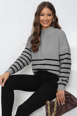 Winter Warmth Half Zip Mock Neck Striped Sweater - MXSTUDIO.COM