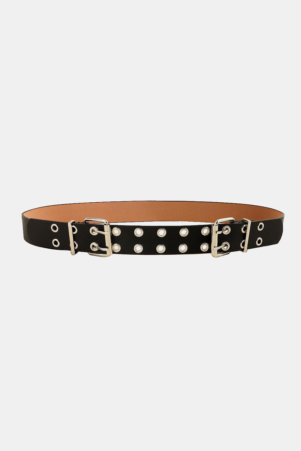 Women's Black PU Leather Double Eyelet Belt - MXSTUDIO.COM