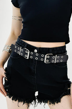 Women's Black PU Leather Double Eyelet Belt - MXSTUDIO.COM