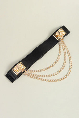 Women's Chain Accent Black Waist Elastic Belt - MXSTUDIO.COM