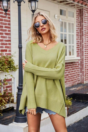 Wonderful Fall V-Neck Slit Oversized Sweater - MXSTUDIO.COM