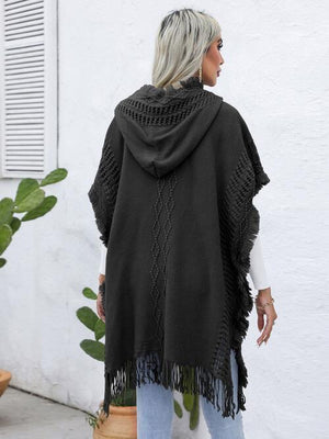 Worn-Out Look Fringe Trim Hooded Poncho-MXSTUDIO.COM