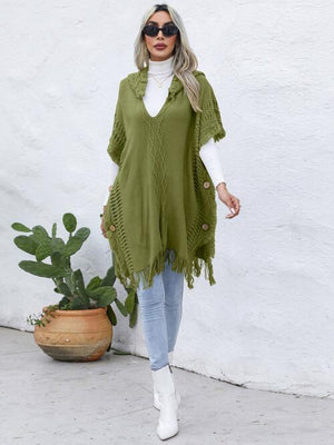 Worn-Out Look Fringe Trim Hooded Poncho-MXSTUDIO.COM