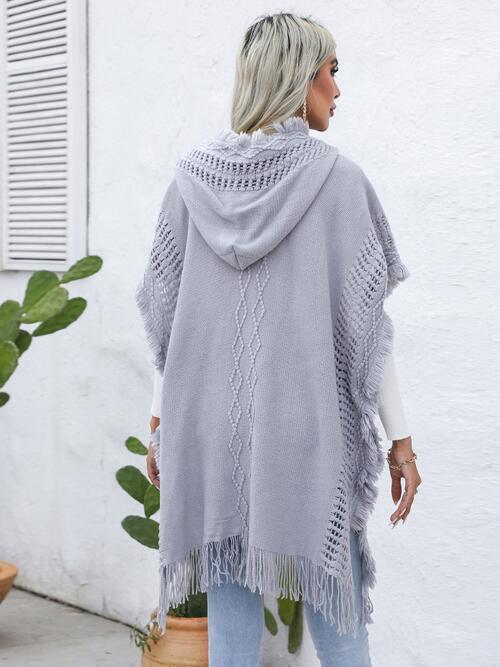 Worn-Out Look Fringe Trim Hooded Poncho-MXSTUDIO.COM