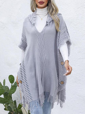 Worn-Out Look Fringe Trim Hooded Poncho-MXSTUDIO.COM