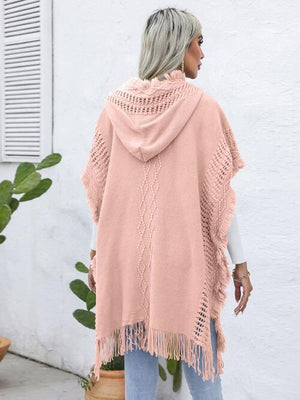 Worn-Out Look Fringe Trim Hooded Poncho-MXSTUDIO.COM