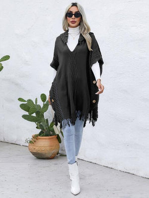 Worn-Out Look Fringe Trim Hooded Poncho-MXSTUDIO.COM