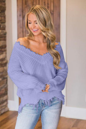 Worn-Out Look V-Neck Frayed Hem Sweater-MXSTUDIO.COM