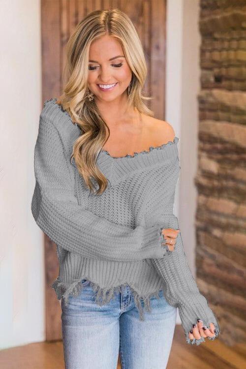 Worn-Out Look V-Neck Frayed Hem Sweater-MXSTUDIO.COM