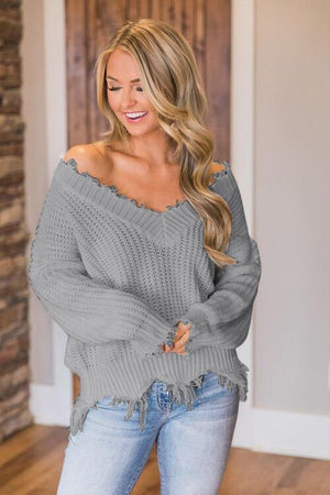 Worn-Out Look V-Neck Frayed Hem Sweater-MXSTUDIO.COM