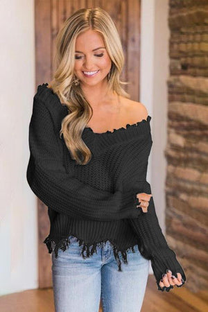 Worn-Out Look V-Neck Frayed Hem Sweater-MXSTUDIO.COM