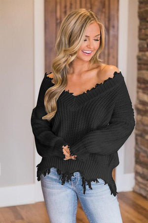 Worn-Out Look V-Neck Frayed Hem Sweater-MXSTUDIO.COM