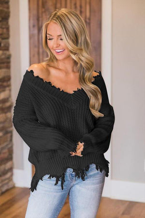 Worn-Out Look V-Neck Frayed Hem Sweater-MXSTUDIO.COM