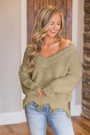 Worn-Out Look V-Neck Frayed Hem Sweater-MXSTUDIO.COM