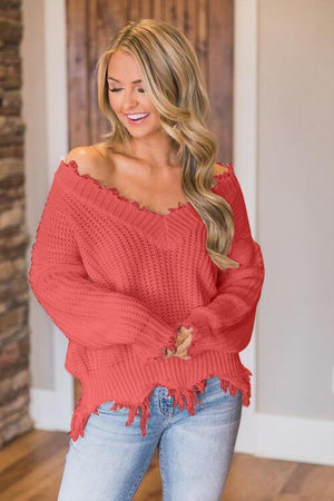 Worn-Out Look V-Neck Frayed Hem Sweater-MXSTUDIO.COM