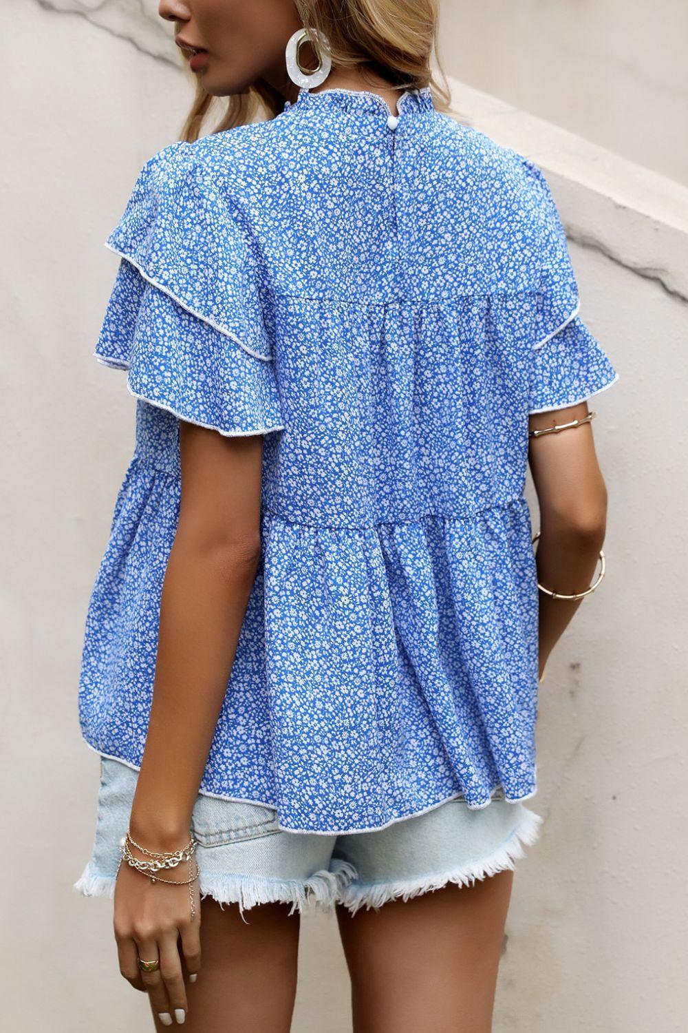You Go Girl Tiered Ruffled Blue Floral Blouse - MXSTUDIO.COM