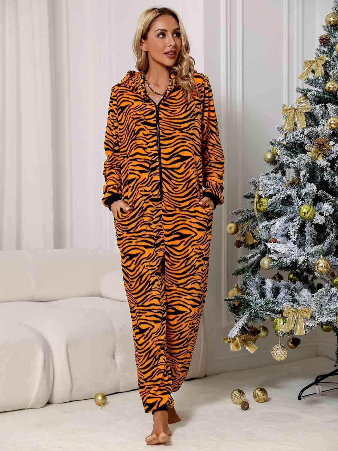 Zip Front Long Sleeve Zebra Print Lounge Jumpsuit - MXSTUDIO.COM