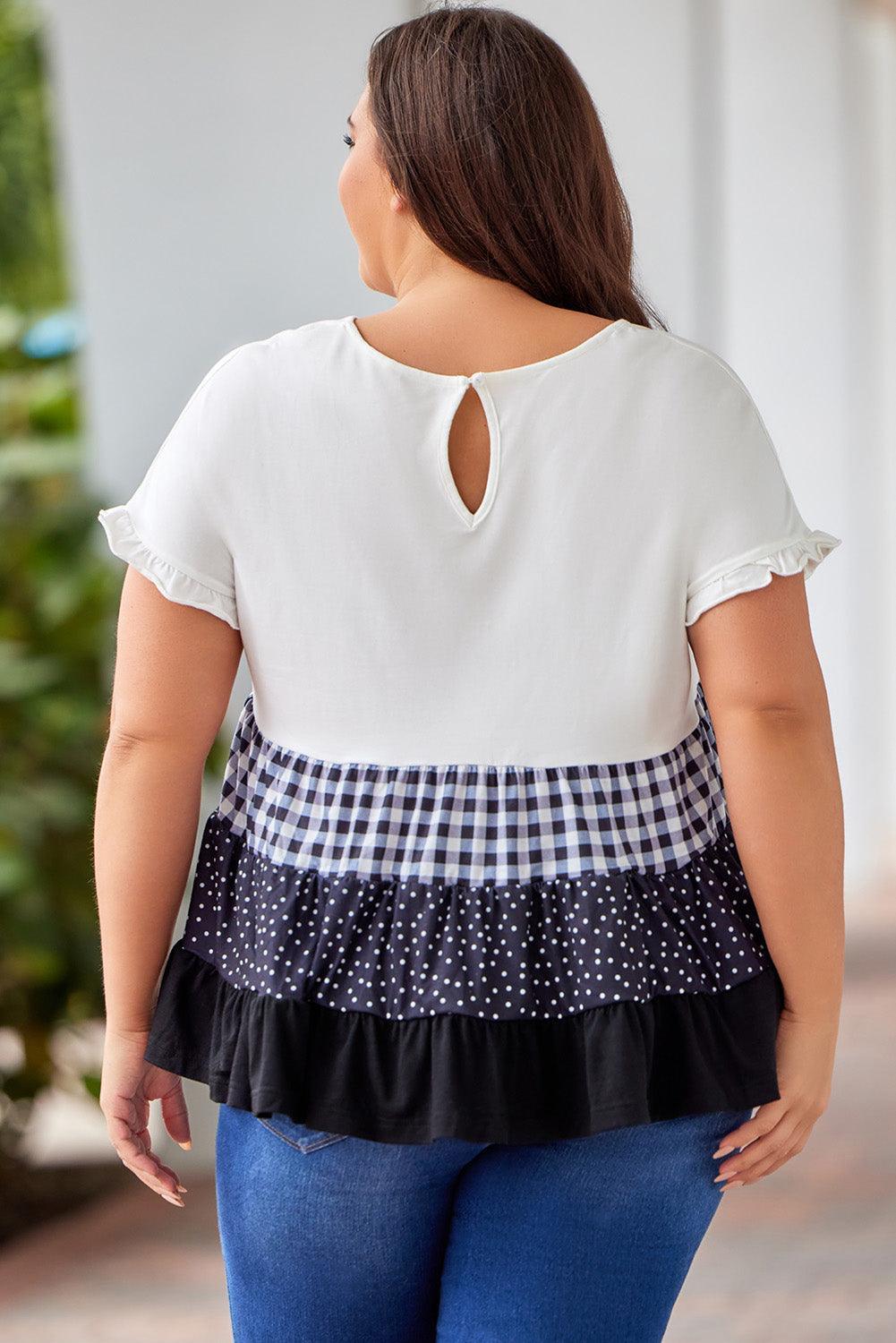 Admirable Plus Size Plaid Color Block Tiered Blouse - MXSTUDIO.COM