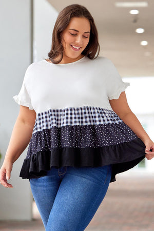 Admirable Plus Size Plaid Color Block Tiered Blouse - MXSTUDIO.COM