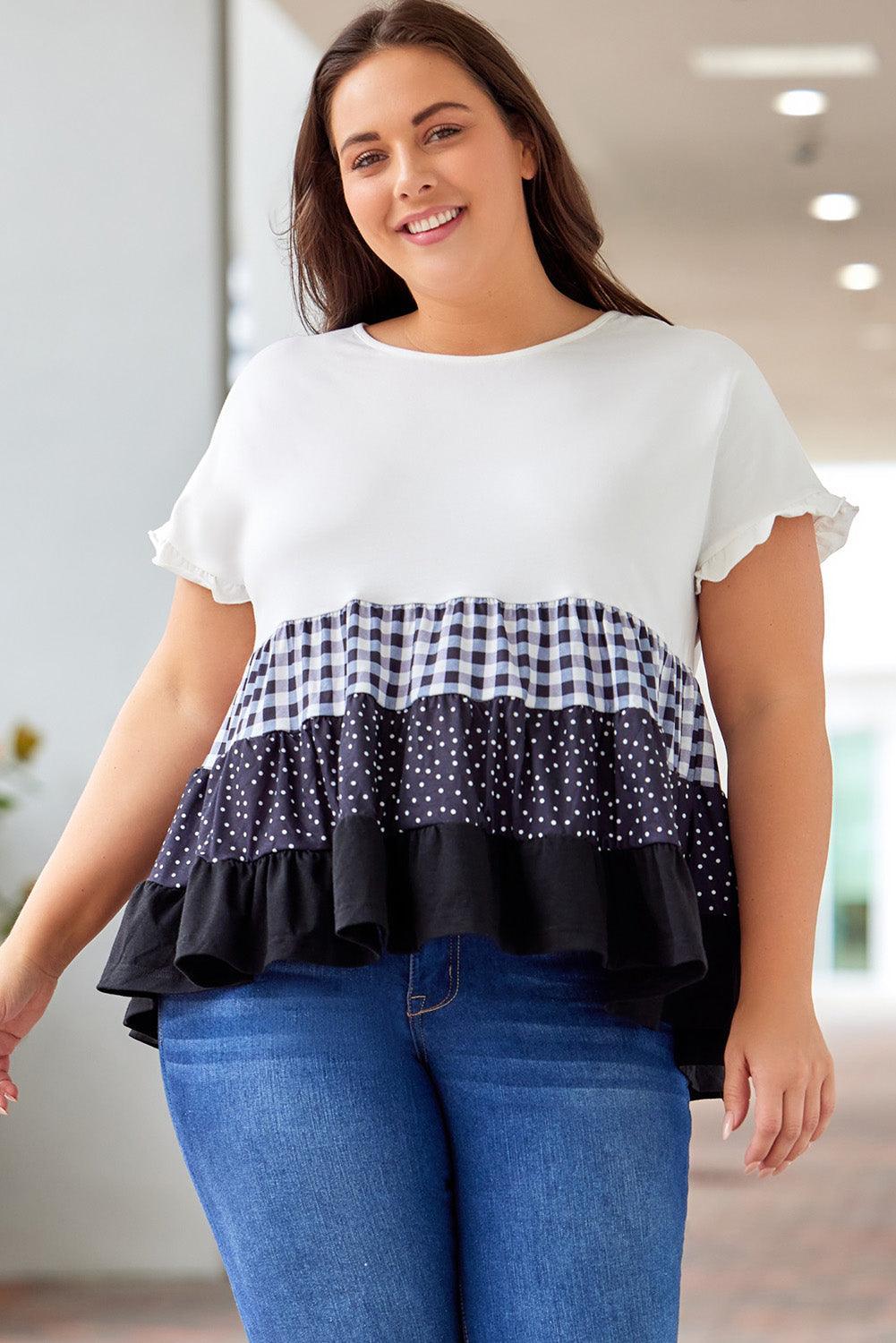 Admirable Plus Size Plaid Color Block Tiered Blouse - MXSTUDIO.COM