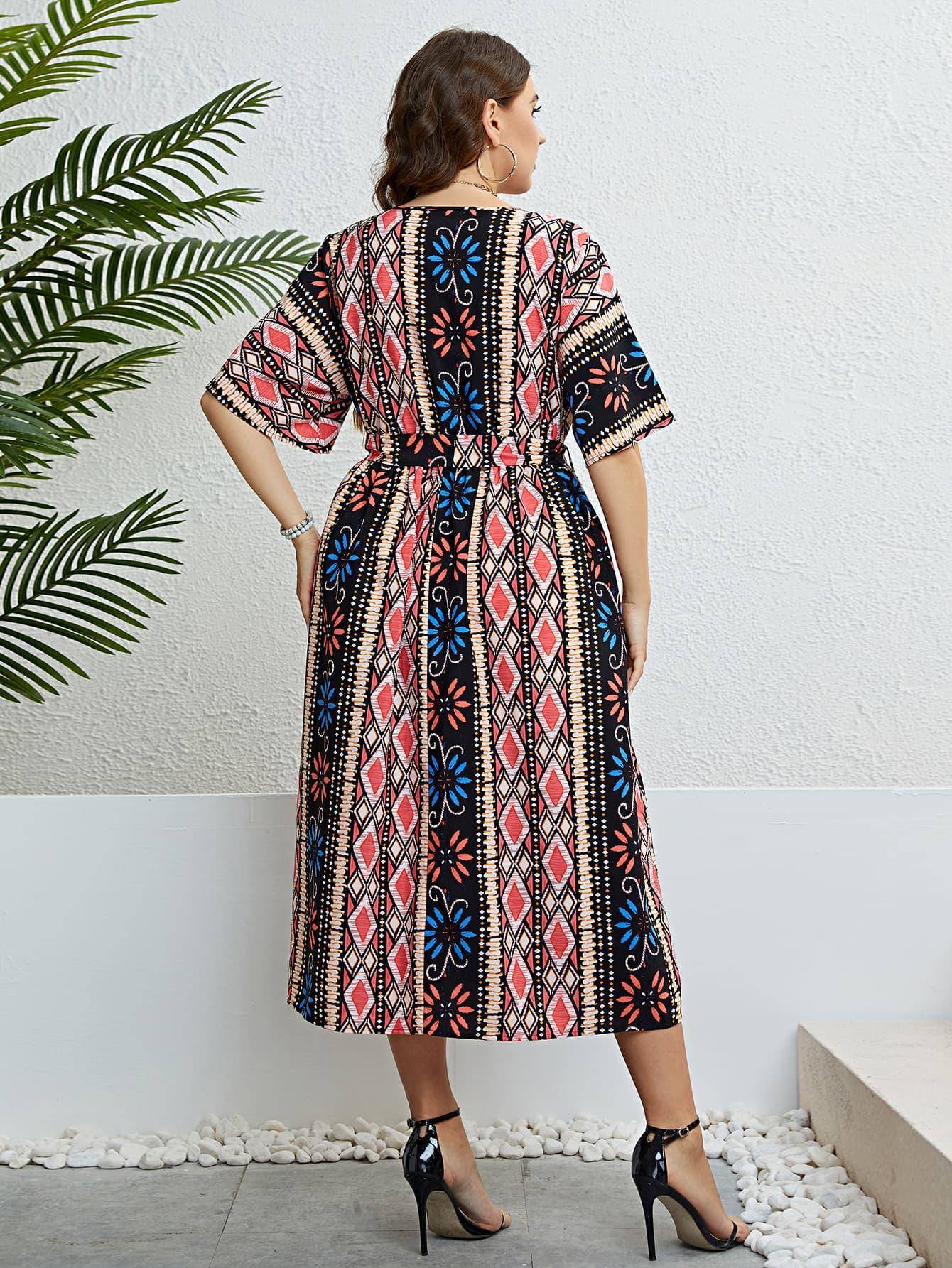 Awe-Striking Plus Size Bohemian V-Neck Midi Dress - MXSTUDIO.COM