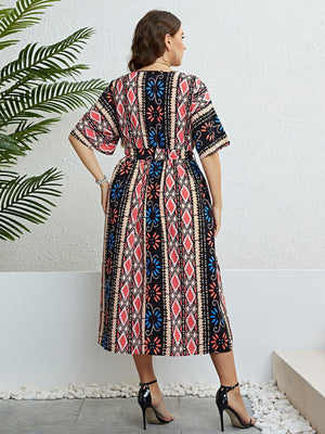 Awe-Striking Plus Size Bohemian V-Neck Midi Dress - MXSTUDIO.COM