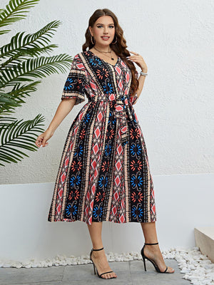 Awe-Striking Plus Size Bohemian V-Neck Midi Dress - MXSTUDIO.COM