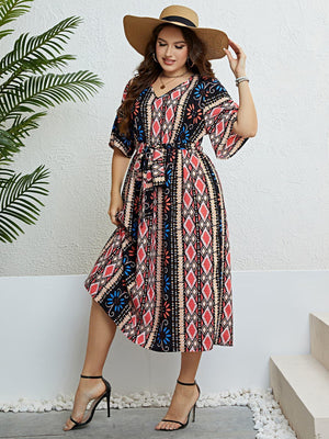 Awe-Striking Plus Size Bohemian V-Neck Midi Dress - MXSTUDIO.COM