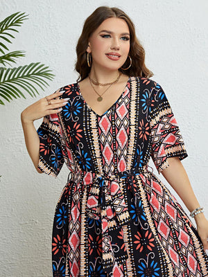 Awe-Striking Plus Size Bohemian V-Neck Midi Dress - MXSTUDIO.COM
