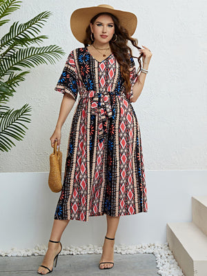 Awe-Striking Plus Size Bohemian V-Neck Midi Dress - MXSTUDIO.COM