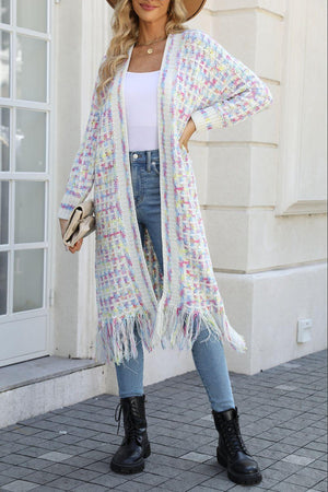 Multicolored Fringe Hem Open Front Cardigan - MXSTUDIO.COM