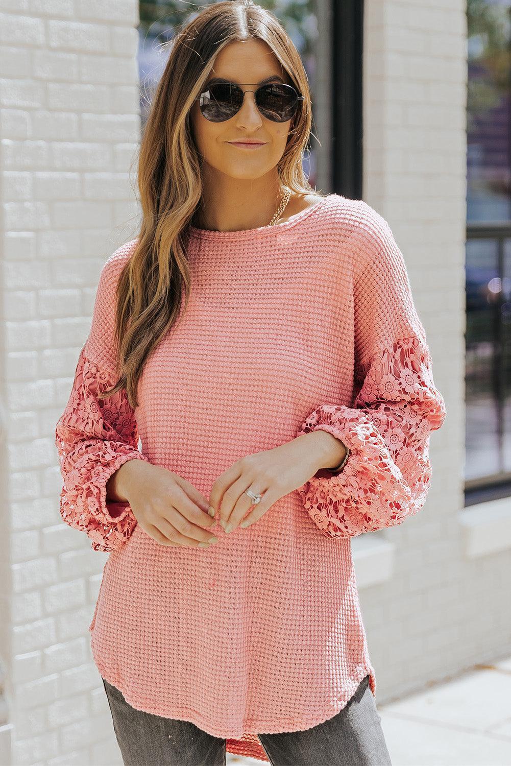 Beaming Lace Knit Balloon Sleeve Tunic Top - MXSTUDIO.COM