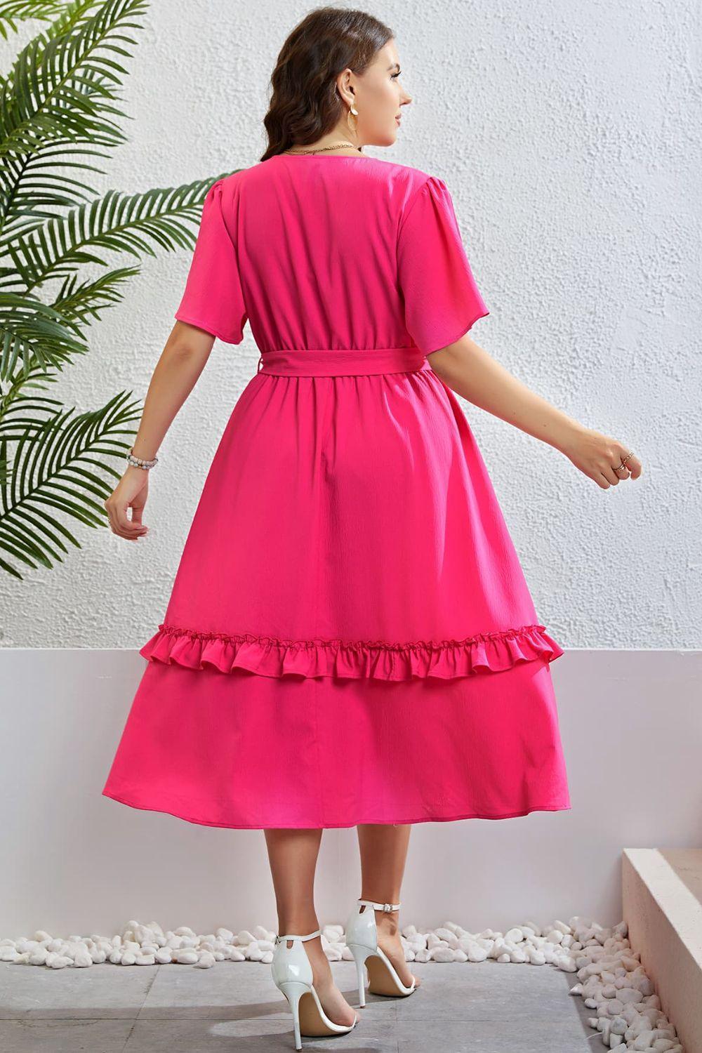 Belted Frill Trim Plus Size Hot Pink Midi Dress - MXSTUDIO.COM