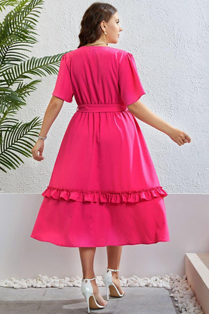 Belted Frill Trim Plus Size Hot Pink Midi Dress - MXSTUDIO.COM